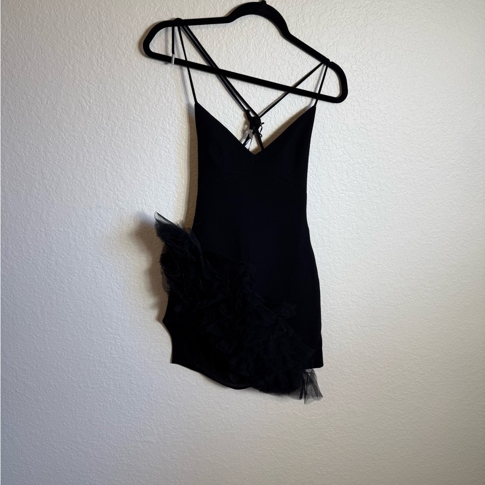 DAVID KOMA Black Tulle Ruffle Asymmetrical Hem Cami Mini Dress - Picture 5 of 10